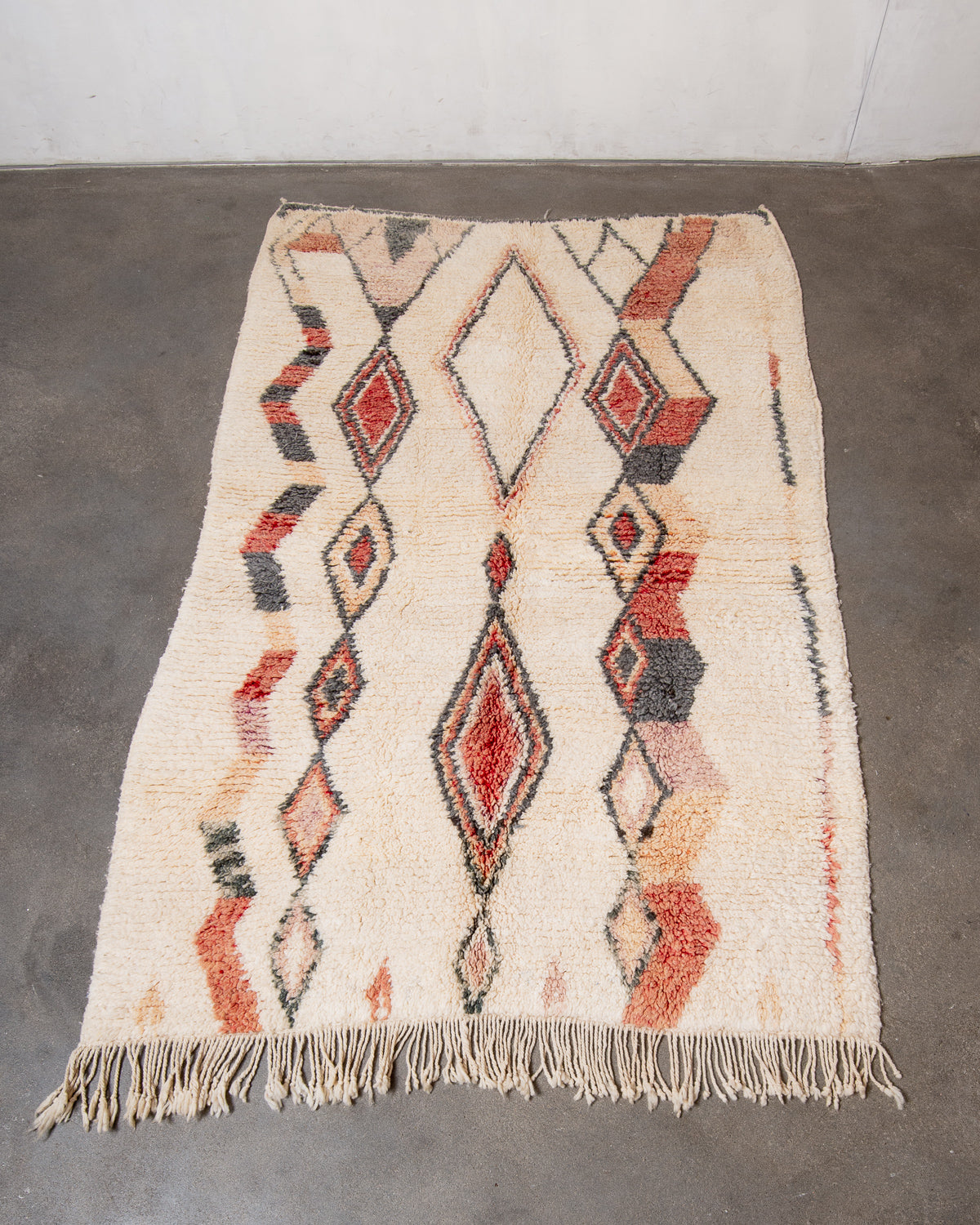 Modern, designer, handcrafted Berber rug from Morocco. Vintage carpet with beautiful colours and patterns and fluffy texture.